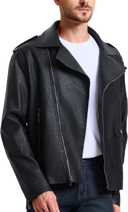 Men's Leather Jackets, Faux Bomber Jacket for Men'sMotorcycle Lapel Asymmetric Zip-Up Slim Fit Biker Coat